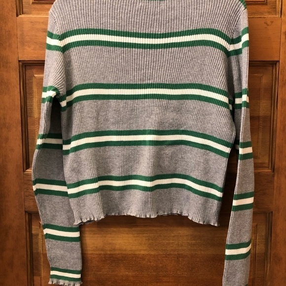 BP. Ribbed Lettuce Edge Long Sleeve Striped Sweater Green Gray Size Large L - Picture 4 of 10